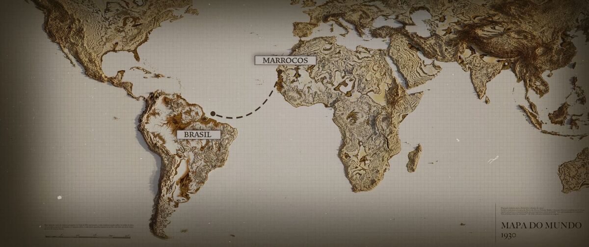 Mapa do mundo de 1930 com uma rota tracejada do Marrocos ao Brasil, em cena do documentário Um Shabat na Outra Margem do Rio